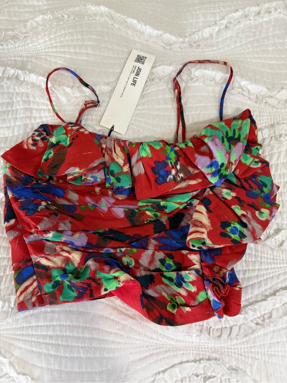 Zara Red Floral Ruffle Crop Top with Spaghetti Straps
